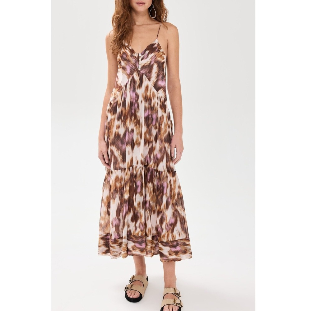 Isabel Marant Etoile Sabba Midi Dress 8 Ochre Abstract Cotton Boho Chic Luxury